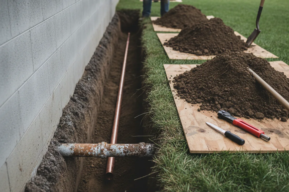 Excavated water line trench during Water Heater Repair in Paradise